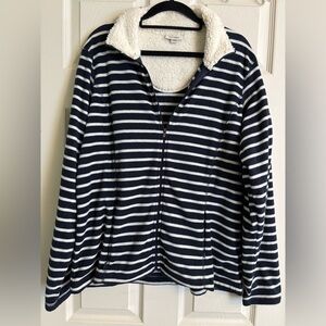 L.L. Bean Navy and White Striped Fleece Full Zip Jacket Sherpa Collar